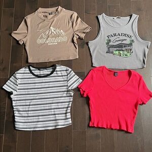 Set of 4 sz M Women’s Crop Tops - Brown, Gray, red and striped